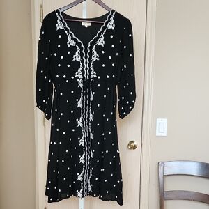 Orange Creek Black & White Floral and Polka Dot Embroidery Dress Size Large